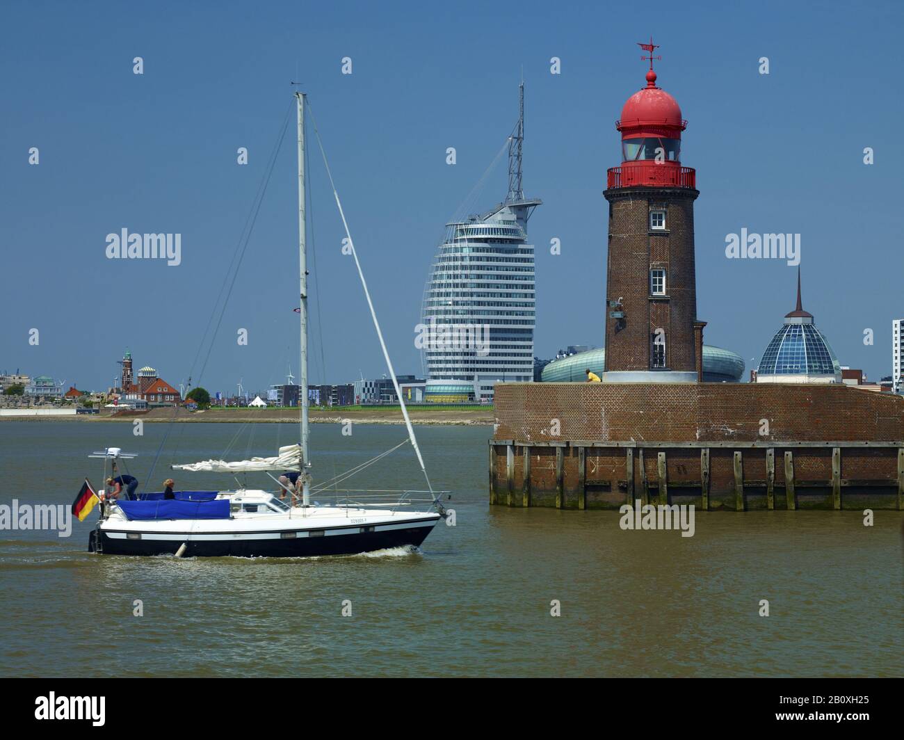 Lighthouse at Geestemünde, fishing port with Atlantic Hotel Sail City, Klimahaus and Mediterraneo, Bremerhaven, Bremen, Germany, Stock Photo