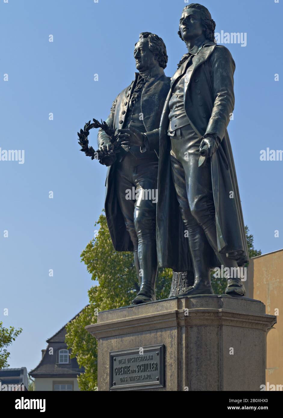 Goethe-Schiller monument in front of the Weimar National Theater, Theaterplatz, Thuringia, Stock Photo