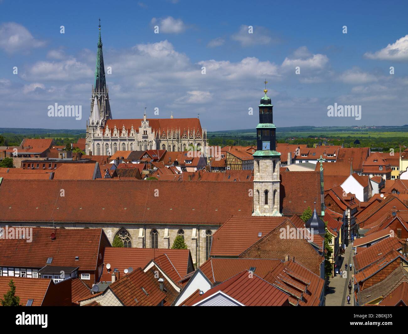 Panoramic view over the oldtown to the Kornmarktkirche and Marienkirche, Mulhouse, Germany, Stock Photo