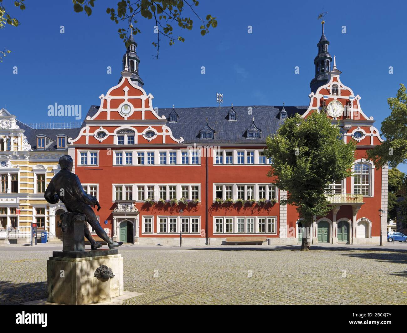 Renaissance town hall and Bach monument at the market in Arnstadt, Thuringia, Germany, Stock Photo