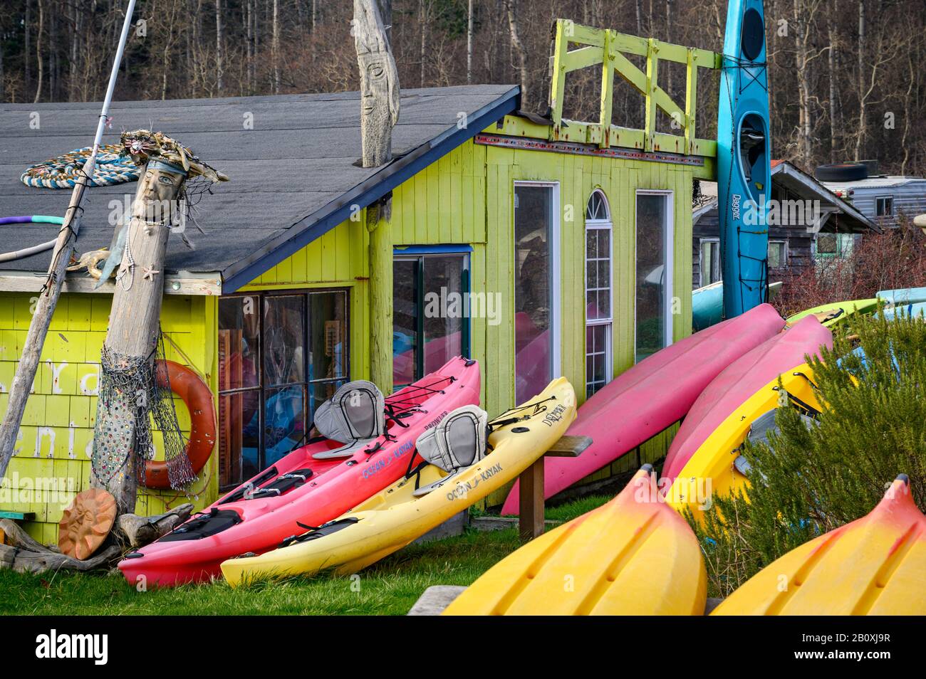 Crescent Bay Kayak Rentals at Eastsound on Orcas Island, San Juan Islands, Washington. Stock Photo