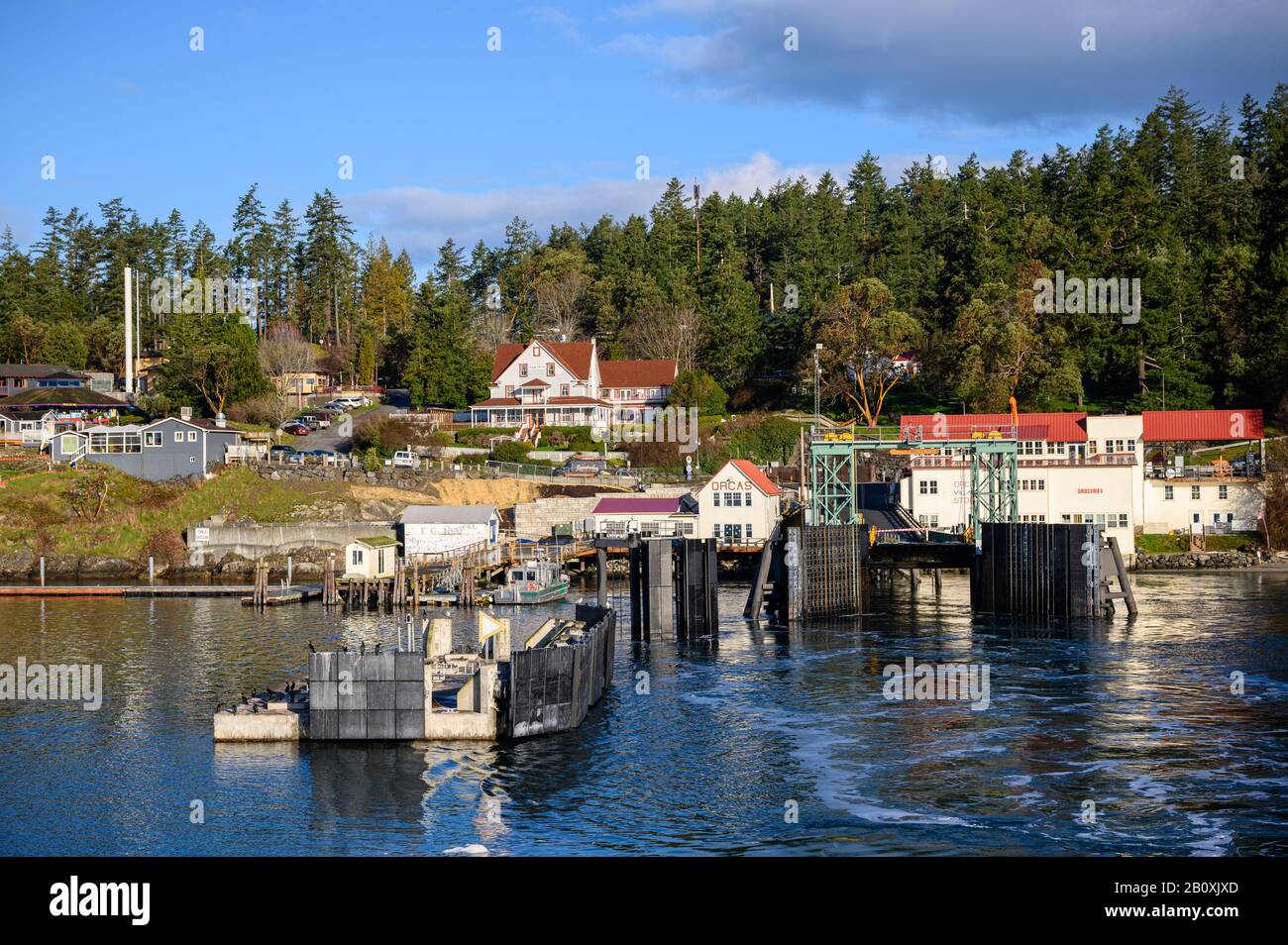 Orcas Village and ferry landing; Orcas Island, San Juan Islands, Washington. Stock Photo