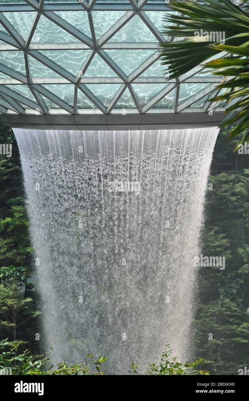 SINGAPORE, JANUARY 17, 2019: Detail of  the waterfall at  Jewel Changi Airport in Singapore Stock Photo