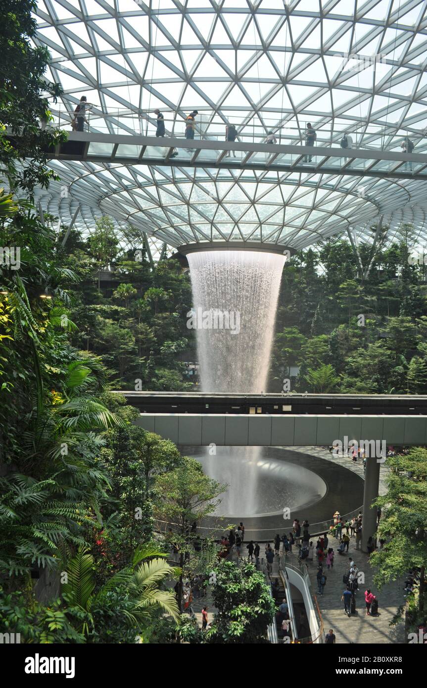 SINGAPORE, JANUARY 17, 2019: People mill about the attractions of  Jewel Changi Airport in Singapore Stock Photo