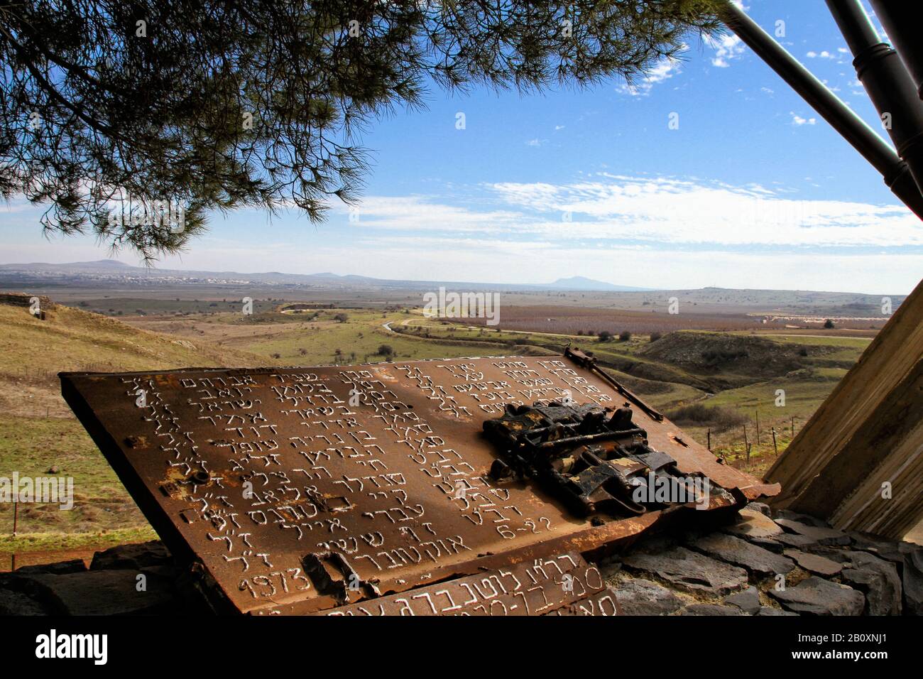 A war memorial commemorating fallen soldiers at the Valley of Tears in Israel's Golan Heights looks out into Syria. Stock Photo