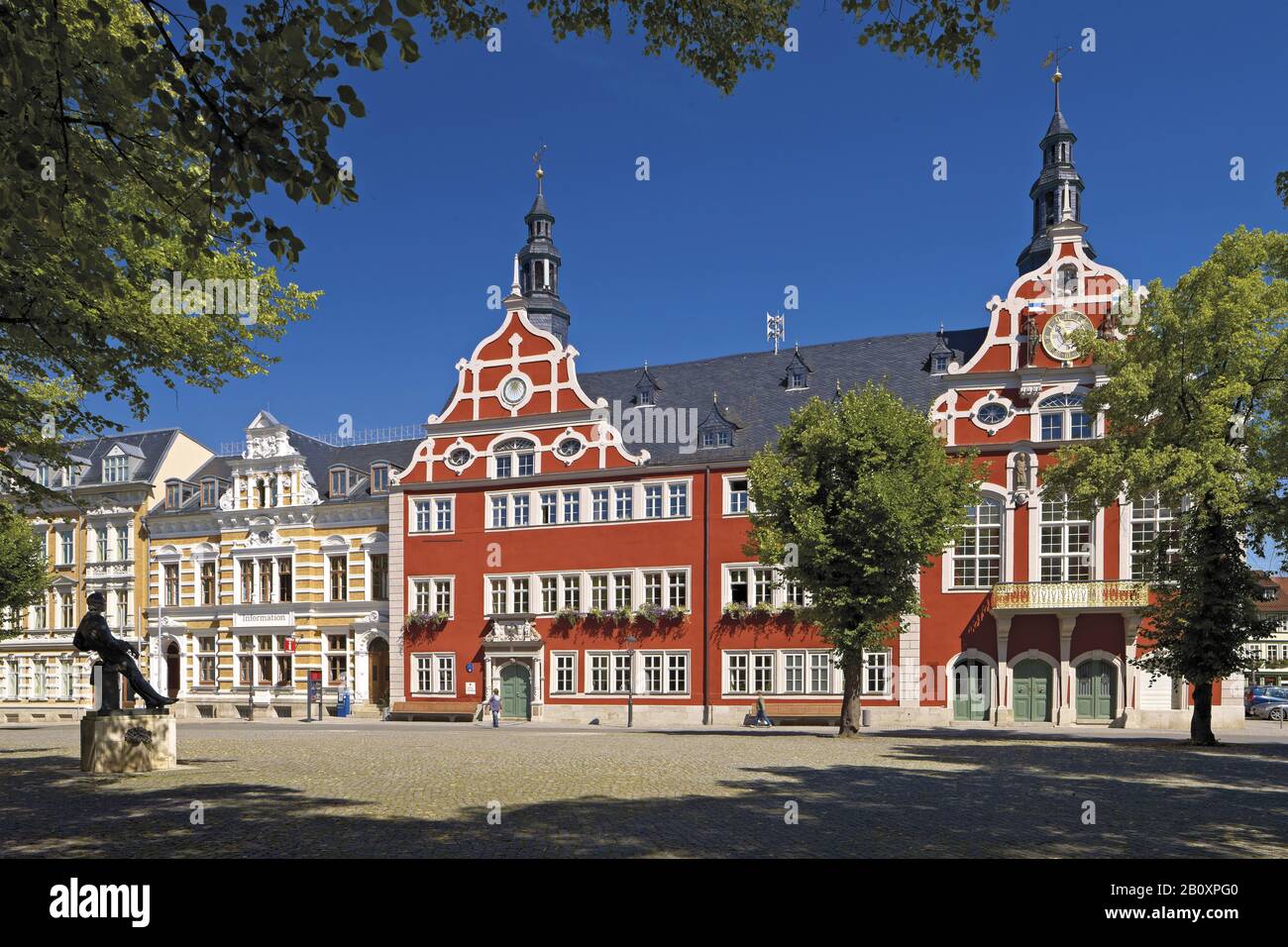Renaissance town hall and Bach monument at the market in Arnstadt, Thuringia, Germany, Stock Photo