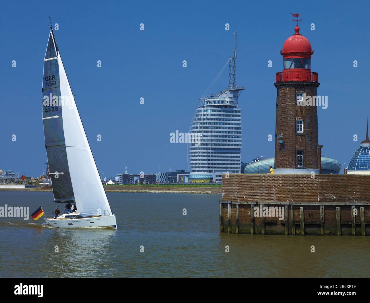 Lighthouse at Geestemünde, fishing port with Atlantic Hotel Sail City, Klimahaus and Mediterraneo, Bremerhaven, Bremen, Germany, Stock Photo