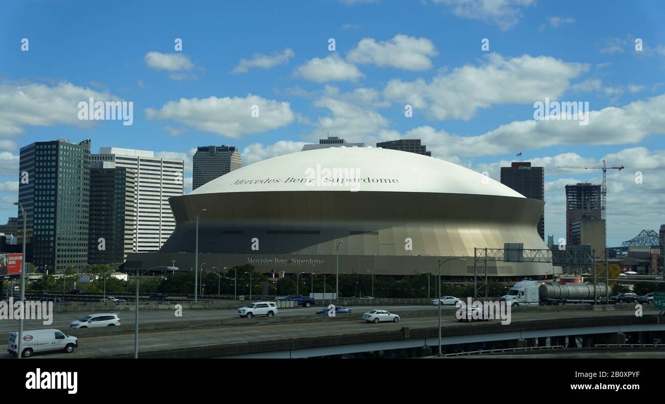 New Orleans, Louisiana, U.S.A - February 4, 2020 - The view of the traffic and Superdome on Sugar Bowl Drive Stock Photo