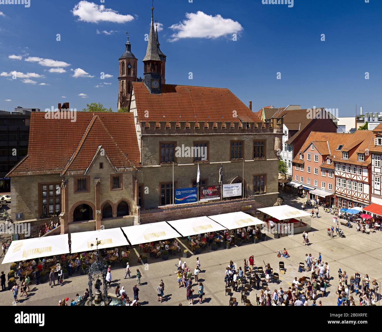 Market square with the old town hall and St. Johannis church in the old town, Göttingen, Lower Saxony, Germany, Stock Photo