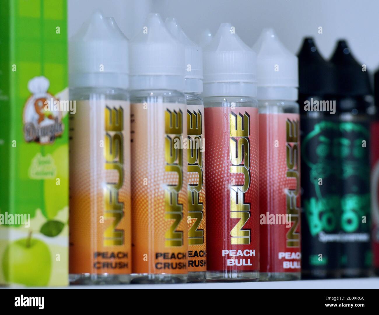 Stock photo of vaping liquid products on a shop shelf. PA Photo. Picture date: Friday February 21, 2020. Photo credit should read: Nick Ansell/PA Wire Stock Photo