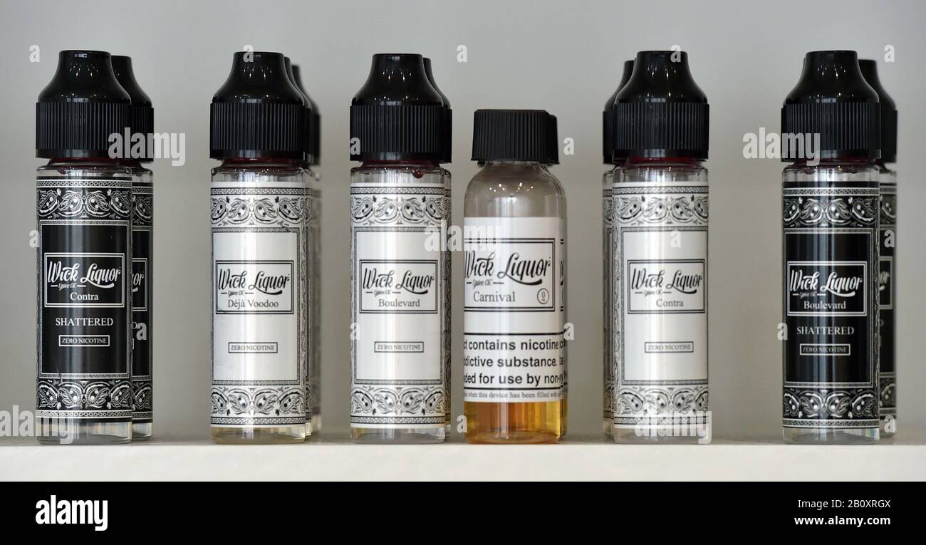 Stock photo of vaping liquid products on a shop shelf. PA Photo. Picture date: Friday Feb on a shop shelfruary 21, 2020. Photo credit should read: Nick Ansell/PA Wire Stock Photo