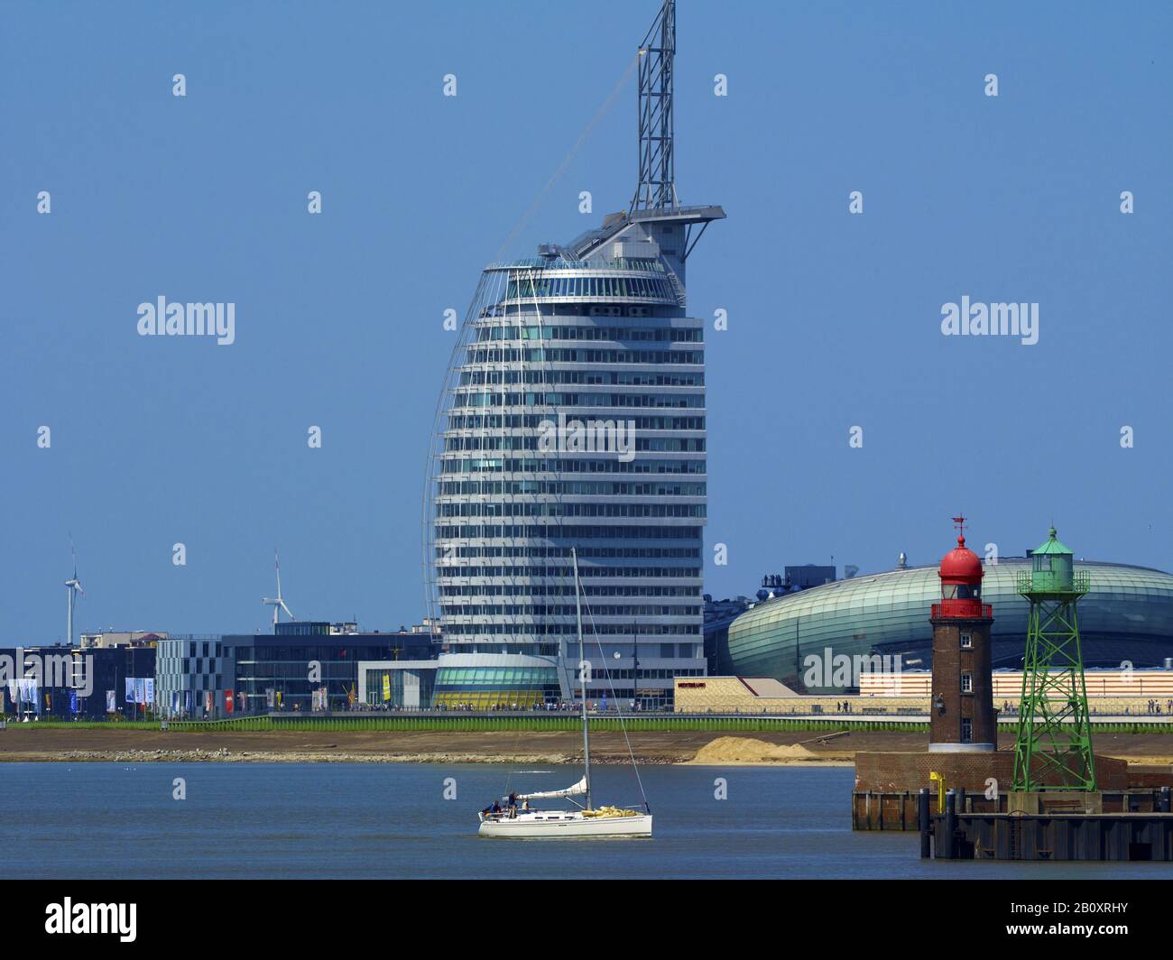 Entrance to the fishing port with Atlantic Hotel Sail City, Klimahaus and Mediterraneo, Bremerhaven, Bremen, Germany, Stock Photo