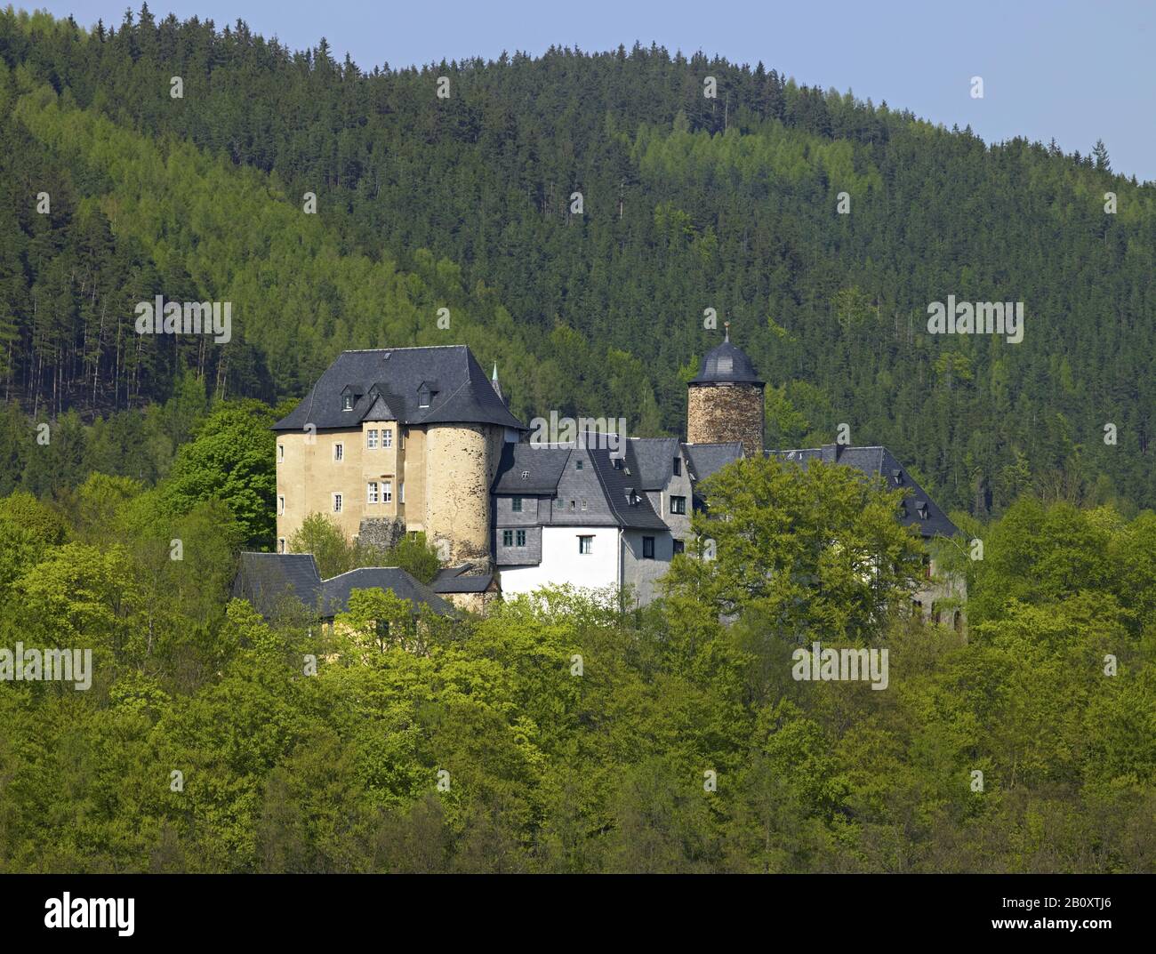 Friedensburg Castle near people mountain, Thuringian slate mountains, Thuringia, Germany, Stock Photo