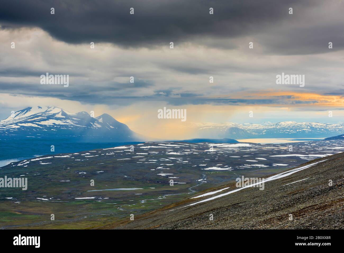 rain shower at the Akka massif, Sweden, Lapland, Norrbotten, Stora Sjoefallet National Park Stock Photo
