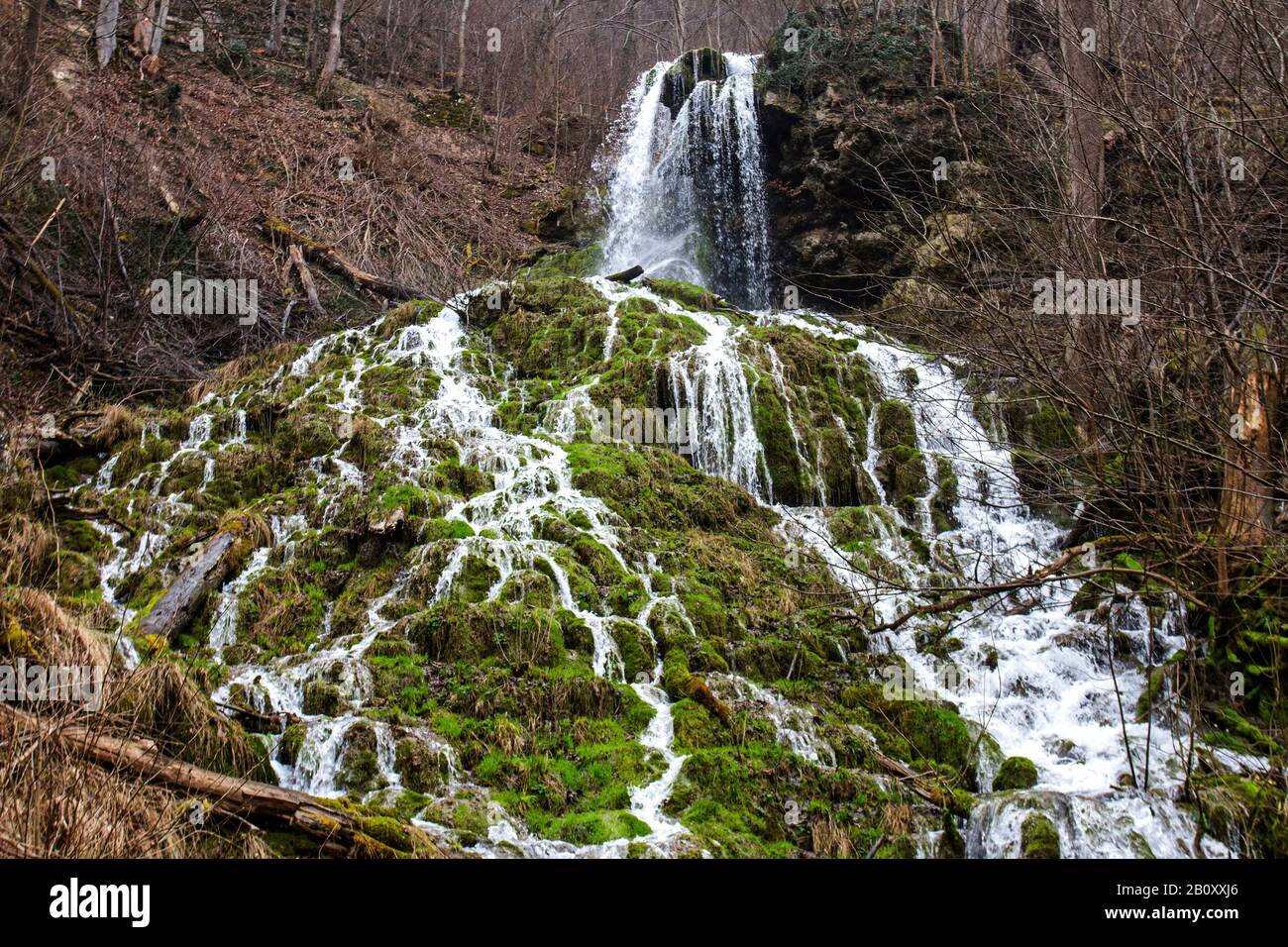 waterfall Neidlinger Wasserfall, Germany, Baden-Wuerttemberg, Swabian Alb, Neidlingen Stock Photo