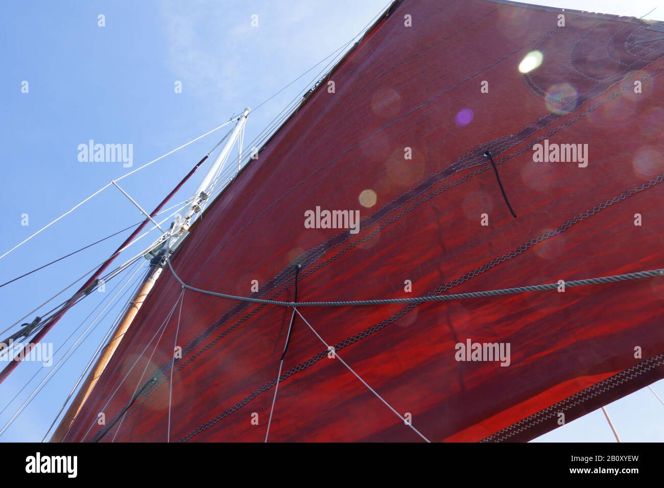 Canvas sail on a ketch on Akaroa Harbour Stock Photo