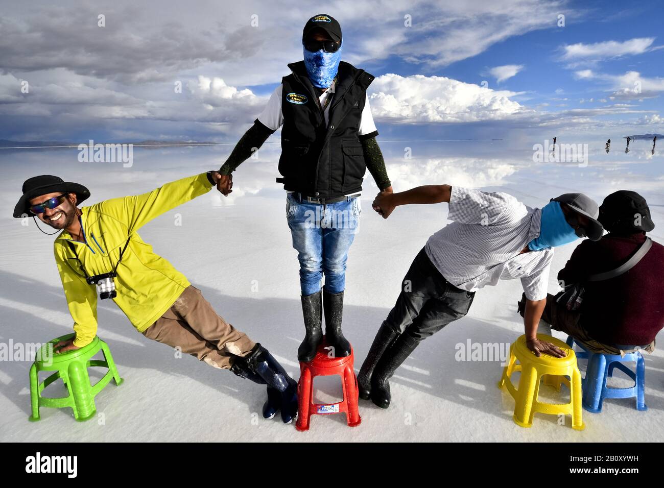 Potosi, Bolivia. 13th Feb, 2020. Bolivian Salar de Uyuni is the world's largest salt flat, and one of the top's bolivian touristic atraction, with 10,582 square kilometers (4,086 sq mi). It is in the province of PotosÃ- in southwest Bolivia, near the crest of the Andes at an elevation of 3,656 meters (11,995 ft) above sea level.The crust serves as a source of salt and covers a pool of brine, which is exceptionally rich in lithium. It contains approximatively 50% to 70% of the world's known lithium reserves. However, lithium extraction in the 1980s and 1990s by foreign companies met strong o Stock Photo