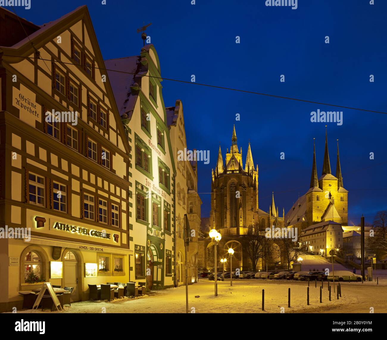 St. Mary's Cathedral and Severikirche, Haus zur Hohen Lilie and Grüne Apotheke, dusk, Erfurt, Thuringia, Germany, Stock Photo