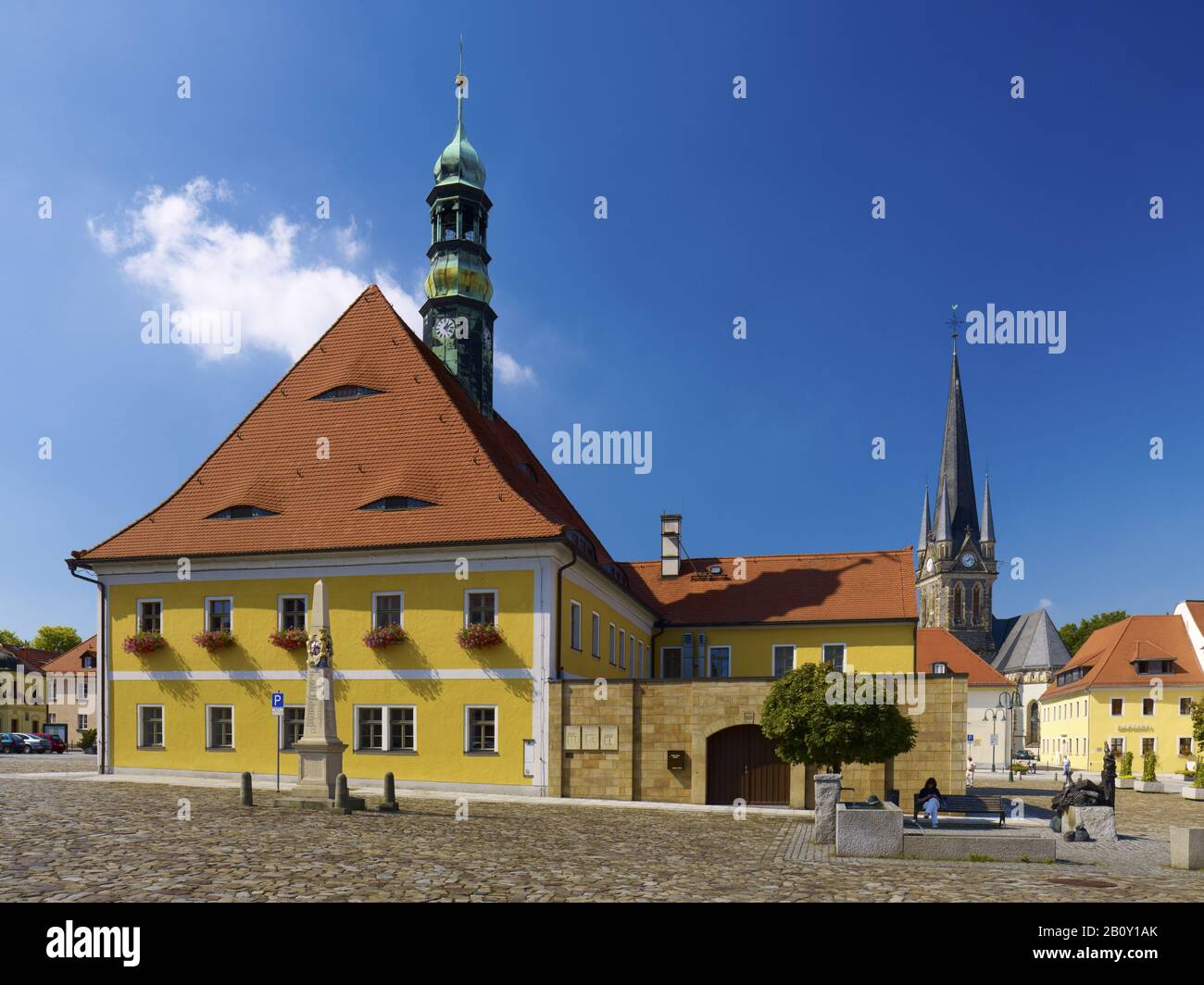 Market with town hall and St. Gertrudis church in Neustadt, Saxon Switzerland-Eastern Ore Mountains, Saxony, Germany, Stock Photo