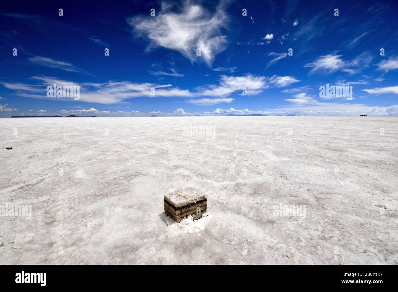 Potosi, Bolivia. 13th Feb, 2020. Bolivian Salar de Uyuni is the world's largest salt flat, and one of the top's bolivian touristic atraction, with 10,582 square kilometers (4,086 sq mi). It is in the province of PotosÃ- in southwest Bolivia, near the crest of the Andes at an elevation of 3,656 meters (11,995 ft) above sea level.The crust serves as a source of salt and covers a pool of brine, which is exceptionally rich in lithium. It contains approximatively 50% to 70% of the world's known lithium reserves. However, lithium extraction in the 1980s and 1990s by foreign companies met strong o Stock Photo