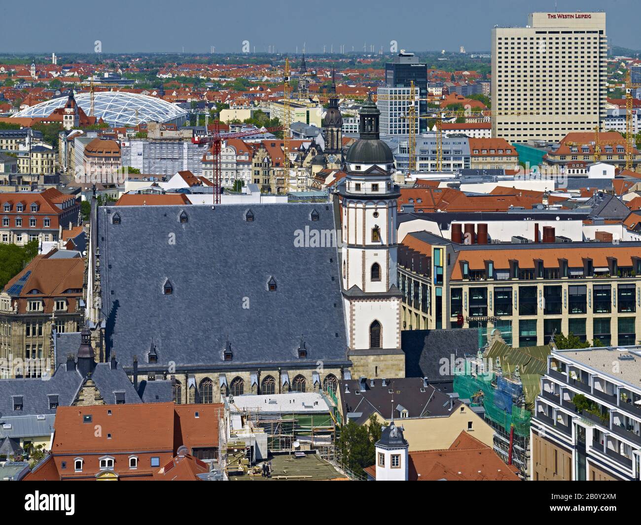 Downtown with Thomaskirche in Leipzig, Saxony, Germany, Stock Photo