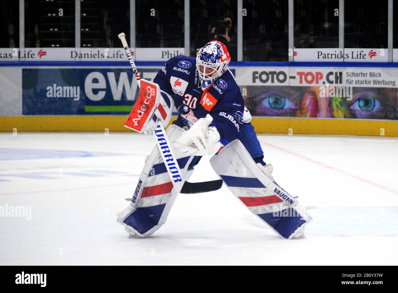 21.2.2020, Zürich, Hallenstadion, NL: ZSC Lions - HC Ambrì Piotta, goalie Lukas Flüeler (ZSC)ZSC plays at home vs HC Ambri-Piotta for one of the last home game in NLA regular season 2020. ZSC Lions Zurich host HC Ambri Piotta. Lions won 3-1 after a hard game. (Photo by Sergio Brunetti/Pacific Press) Stock Photo