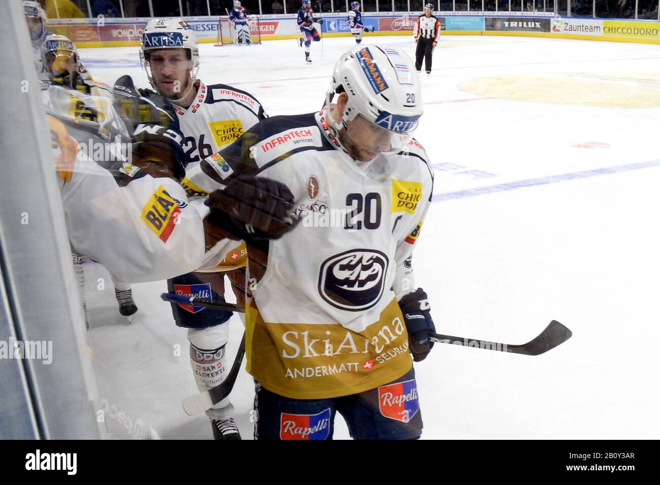 21.2.2020, Zürich, Hallenstadion, NL: ZSC Lions - HC Ambrì Piotta, forward Elias Bianchi (HCAP) highs five with bench after scoring 0-1ZSC plays at home vs HC Ambri-Piotta for one of the last home game in NLA regular season 2020. ZSC Lions Zurich host HC Ambri Piotta. Lions won 3-1 after a hard game. (Photo by Sergio Brunetti/Pacific Press) Stock Photo