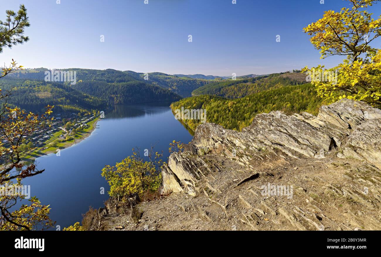 View from Bockfelsen to the Hohenwarte dam of the river Saale near Gössitz, Thuringia, Germany, Stock Photo
