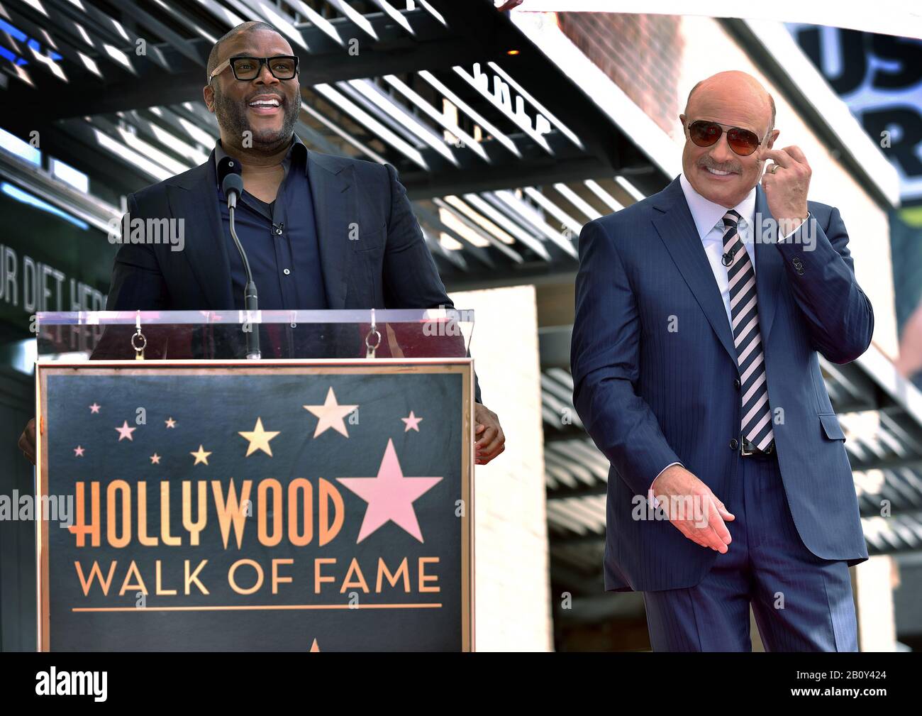 Los Angeles, United States. 21st Feb, 2020. Tyler Perry (L) speaks at the star unveiling ceremony honoring Dr. Phil McGraw with the 2,688th star on the Hollywood Walk of Fame in Los Angeles, California on February 21, 2020. Photo by Chris Chew/UPI Credit: UPI/Alamy Live News Stock Photo
