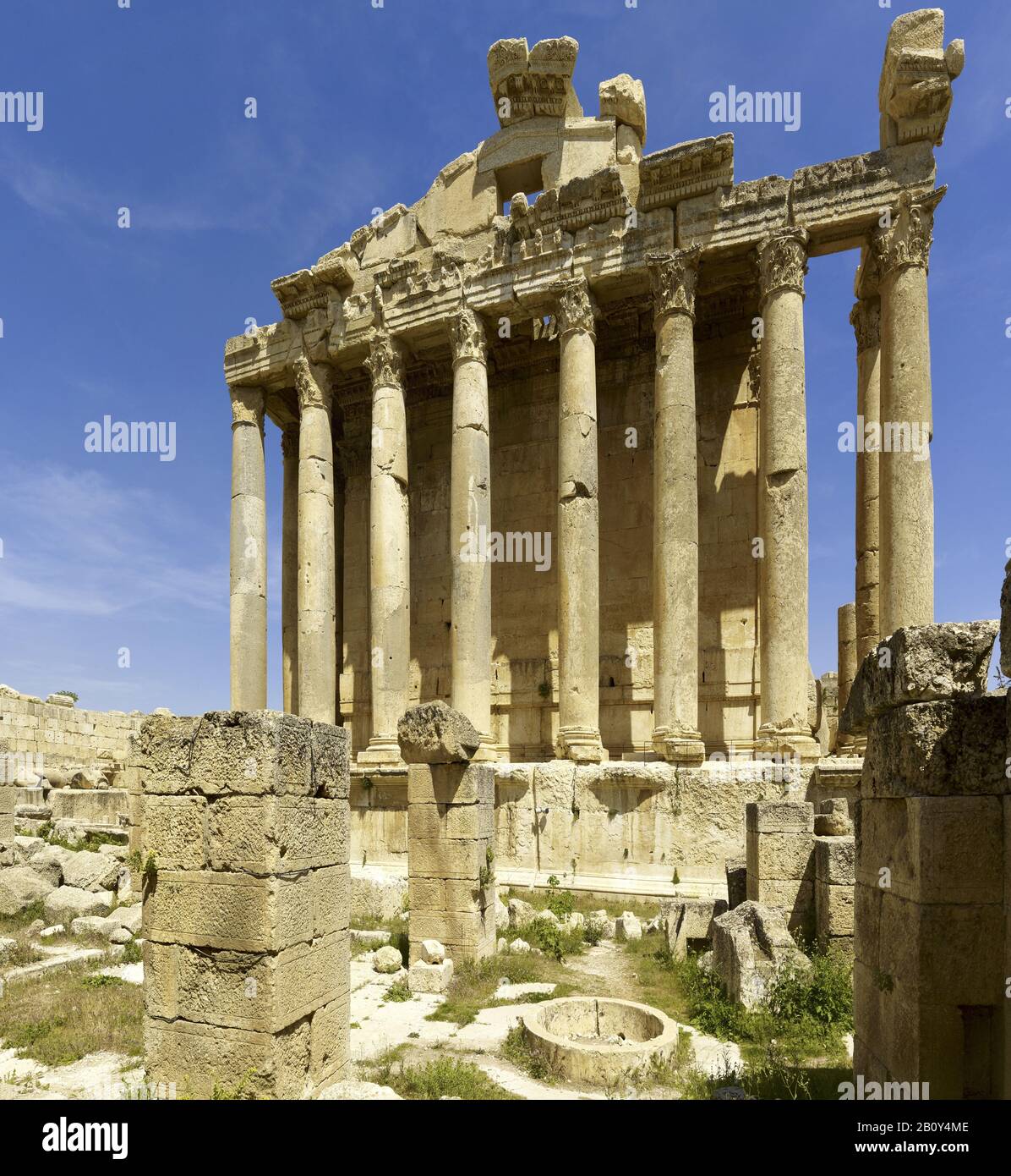 West facade, Bacchus temple in the ancient city of Baalbek, Lebanon, Stock Photo