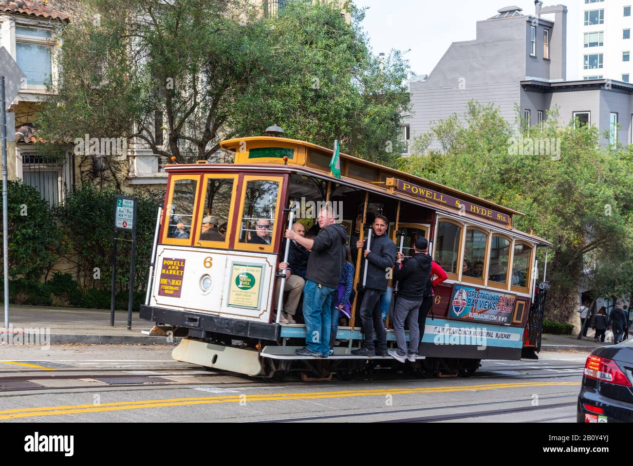 San Francisco, California - January 26, 2019: View of a cable with passengers in the historical district of San Francisco. Stock Photo