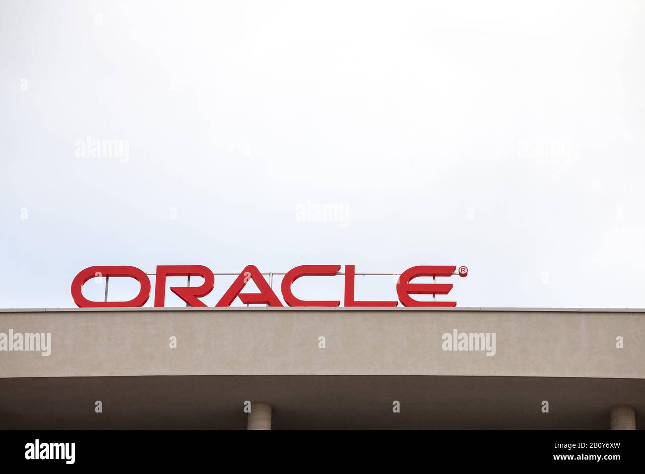 PRAGUE, CZECHIA - NOVEMBER 4, 2019: Oracle logo on their main offices for Prague. Oracle is an American multinational computer technology corporation. Stock Photo
