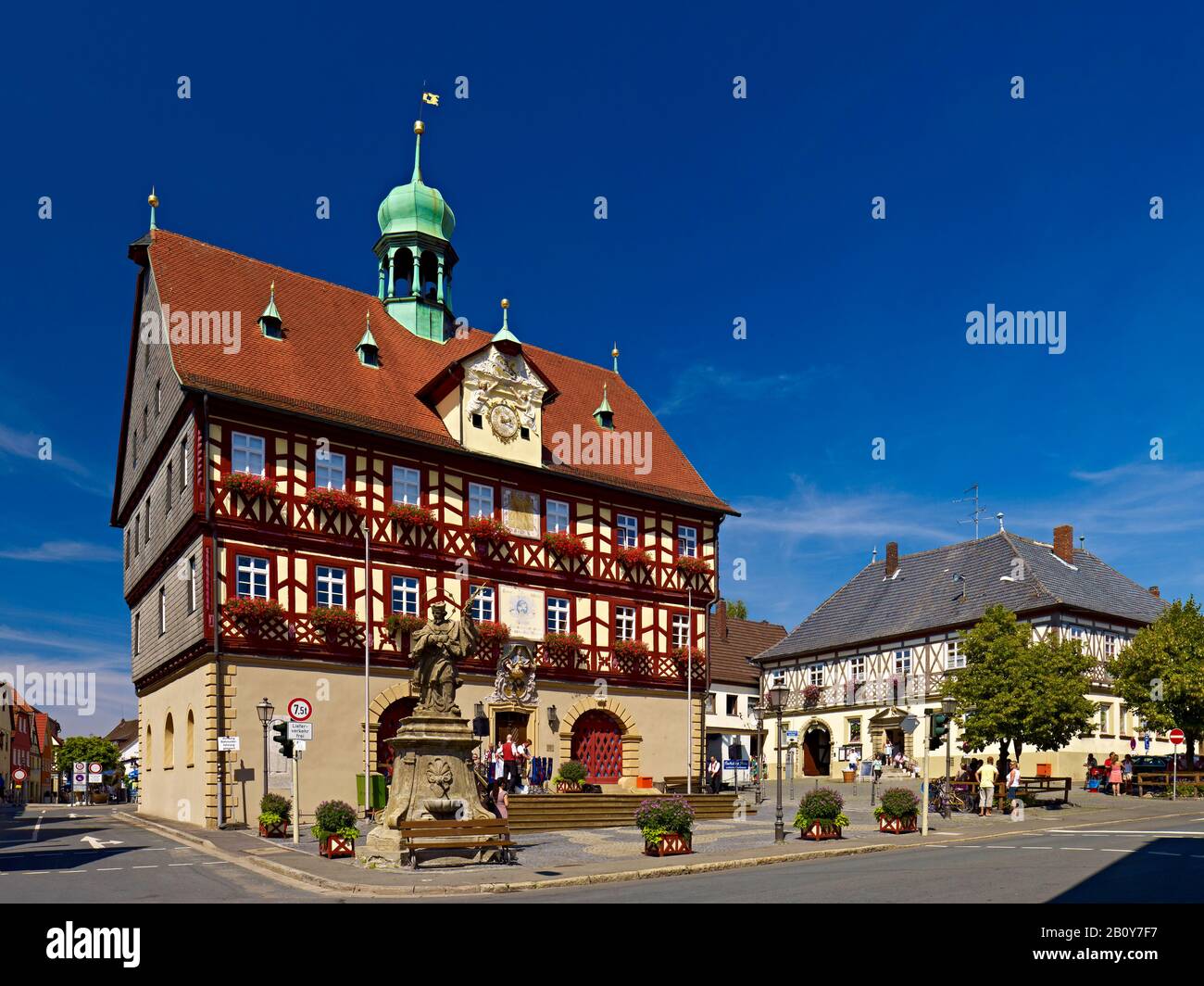 Market square with town hall in Bad Staffelstein, Upper Franconia ...