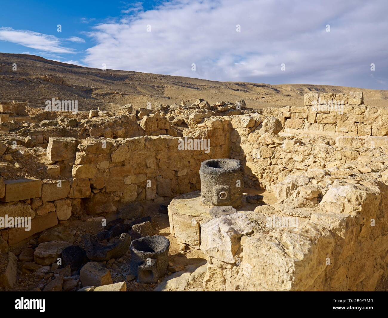 Grain mill, Mamshit Nabataean settlement on Incense Route, Negev Desert, Israel, Stock Photo