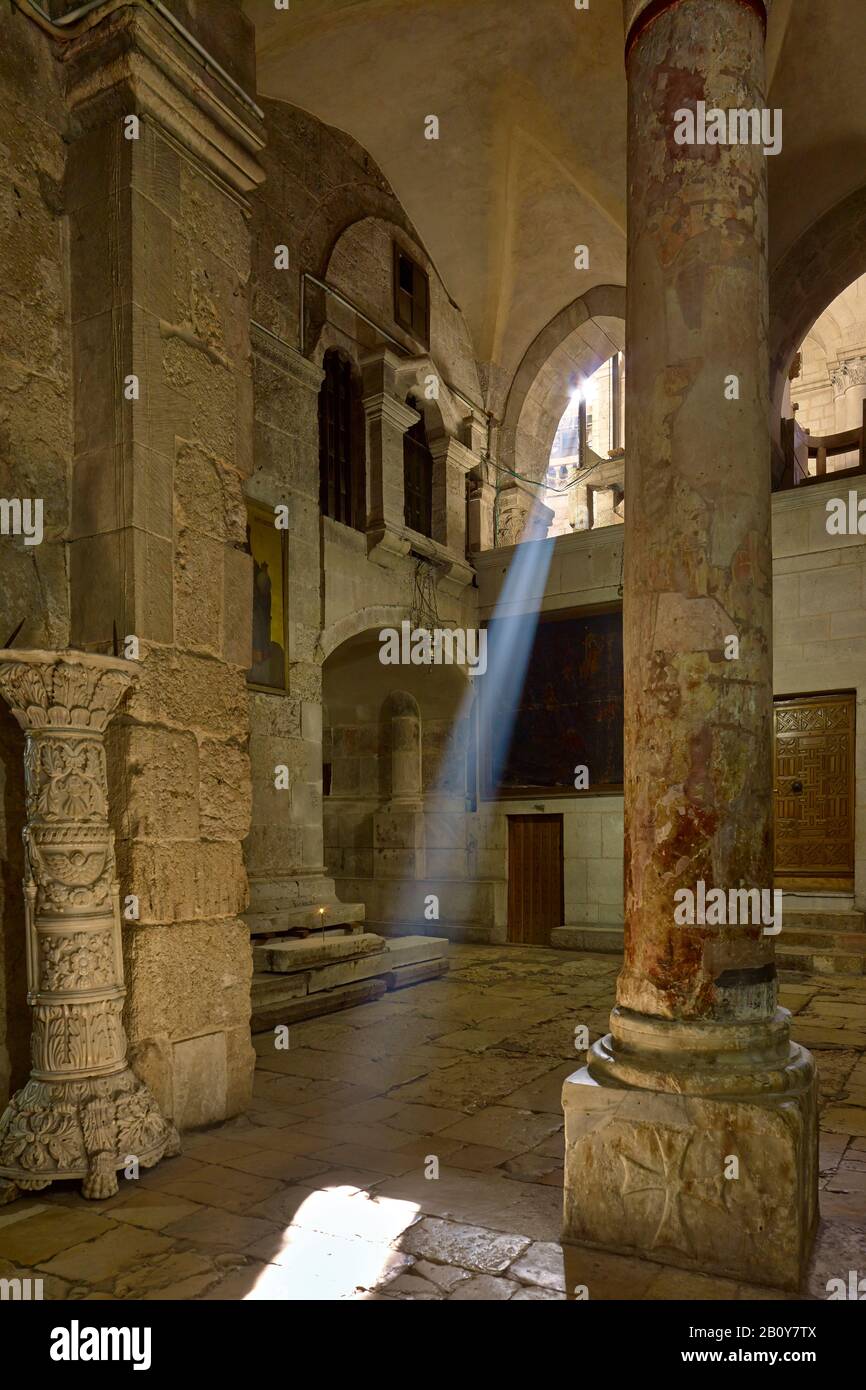Sunbeam in Church of the Holy Sepulcher at Calvary in Jerusalem, Israel, Stock Photo