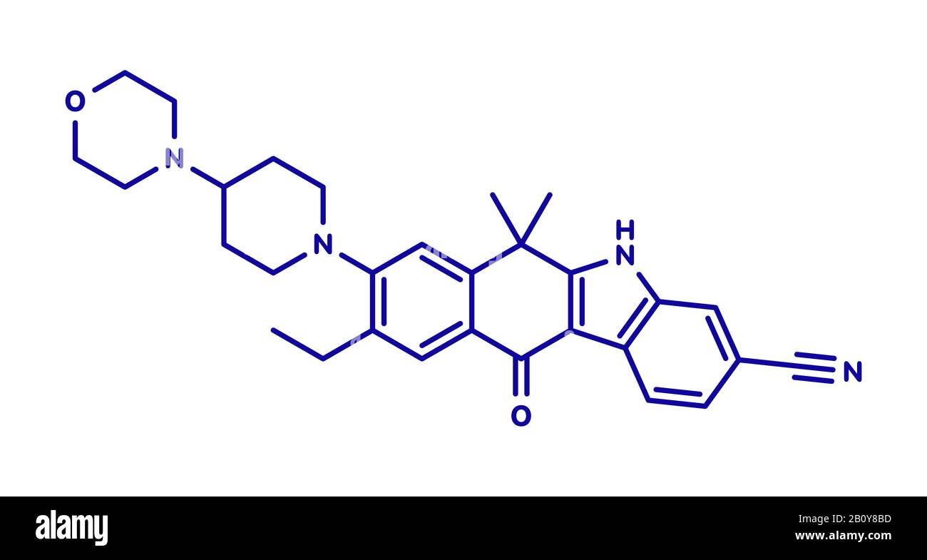 Alectinib cancer drug molecule, illustration Stock Photo