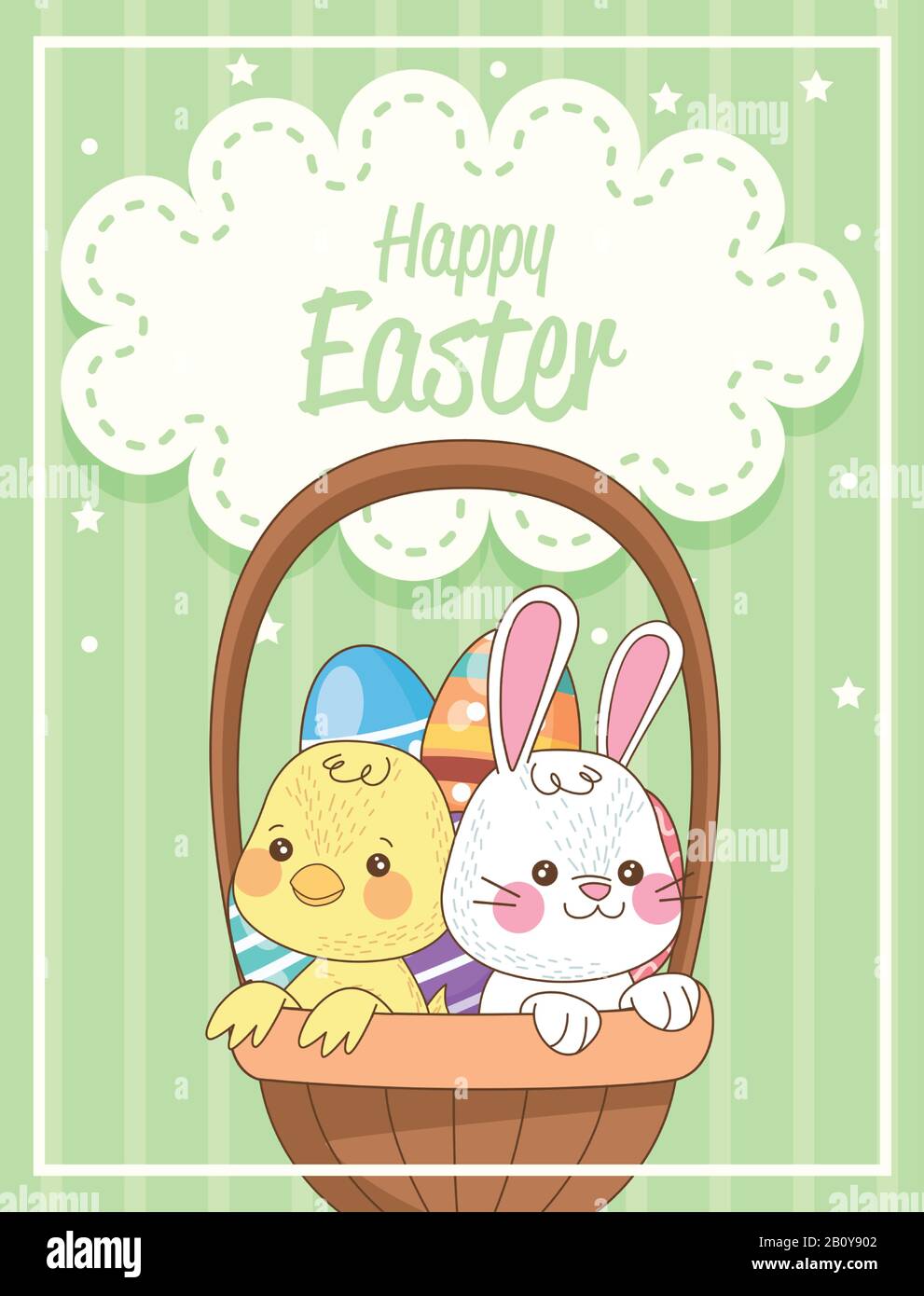 happy easter card with rabbit and chick in basket Stock Vector
