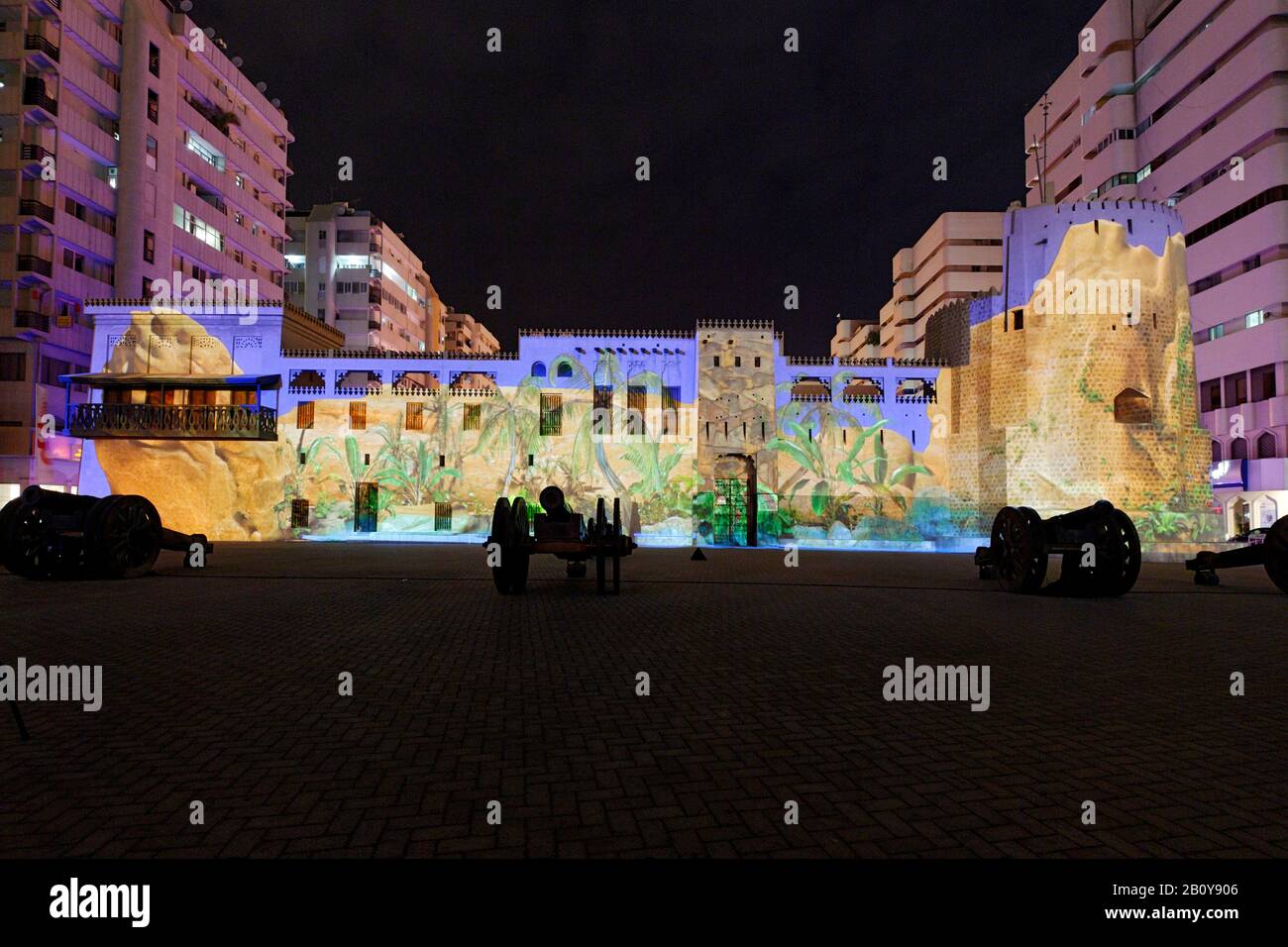 Video projection desert onto the AL HISN Fort, museum, Sharjah Light Festival, Emirate of Sharjah, United Arab Emirates, Middle East, Asia, Stock Photo