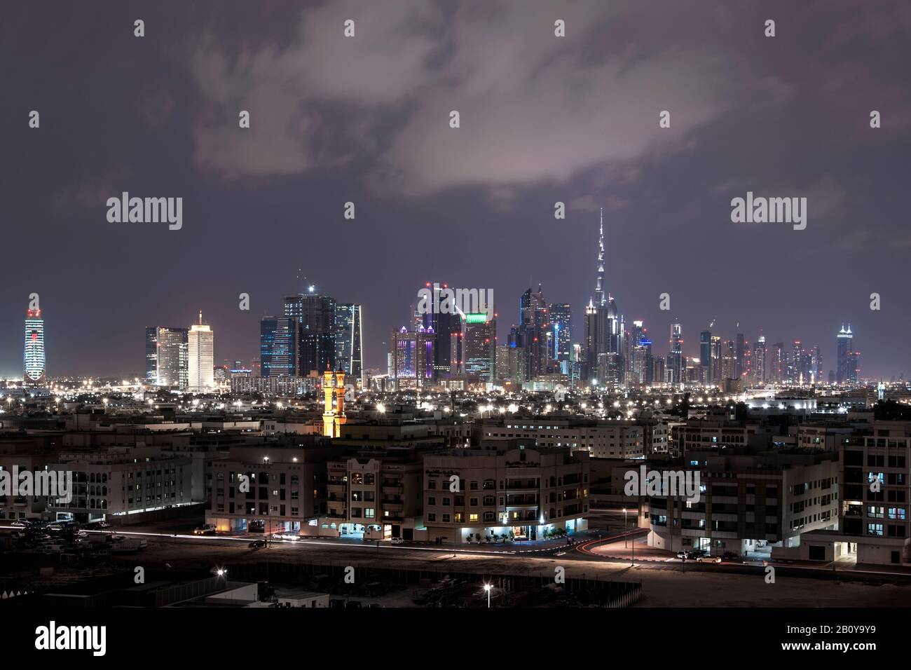 Skyline Dubai Downtown, clouds, rain, Dubai, United Arab Emirates Stock