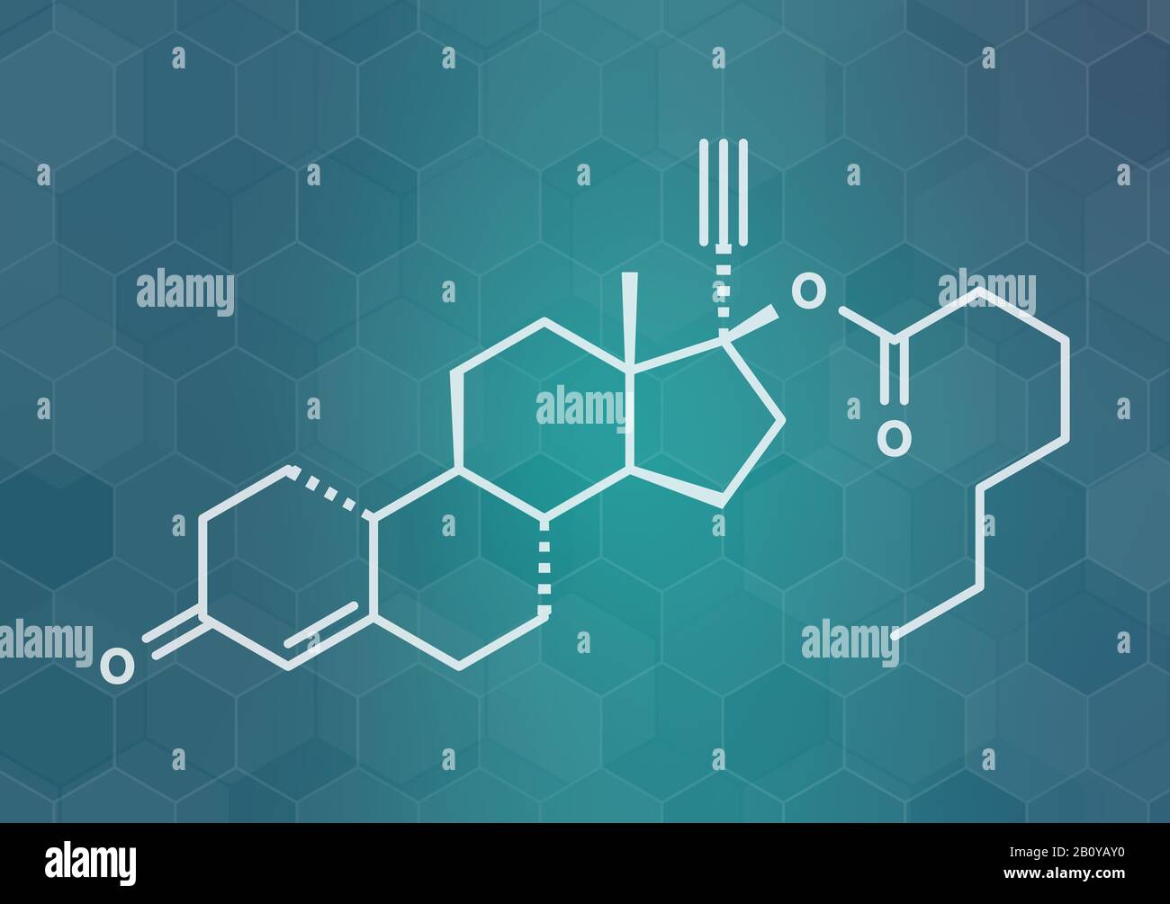 Norethisterone enanthate drug molecule, illustration Stock Photo