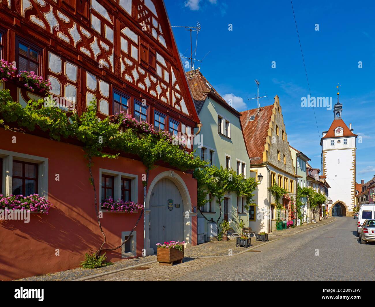 Luitpoldstrasse with city tower in Prichsenstadt, Lower Franconia, district of Kitzingen, Bavaria, Germany, Stock Photo