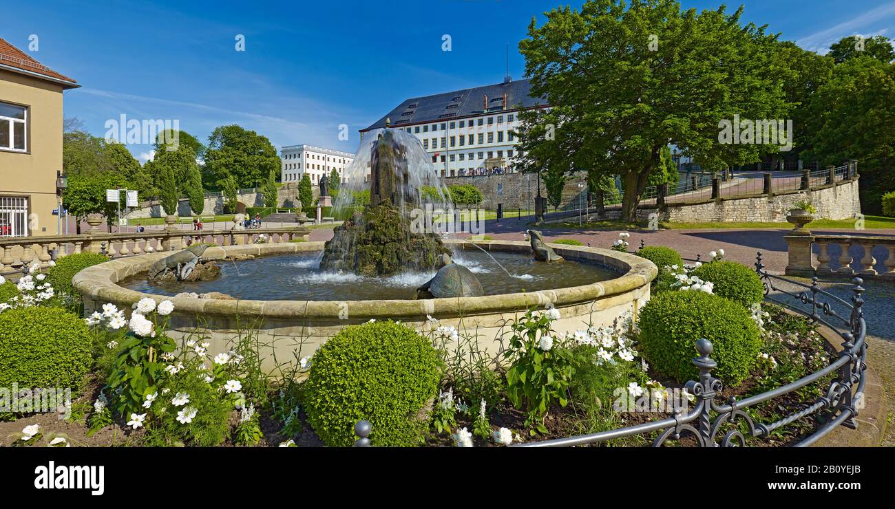 Fountain at the water art with friedenstein castle in gotha hires