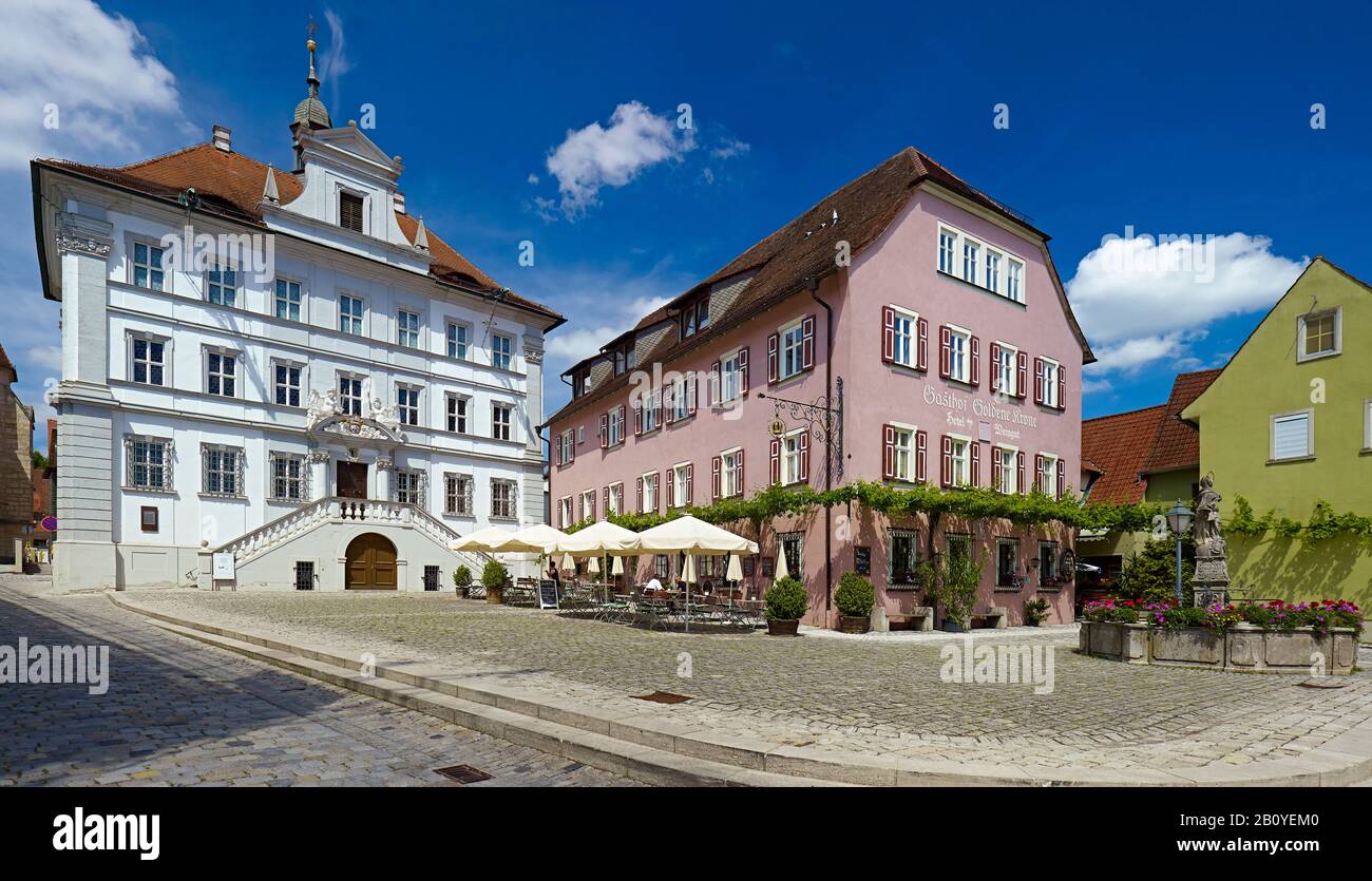 Town hall and inn Goldene Krone at the market in Iphofen, Lower Franconia, district of Kitzingen, Bavaria, Germany, Stock Photo