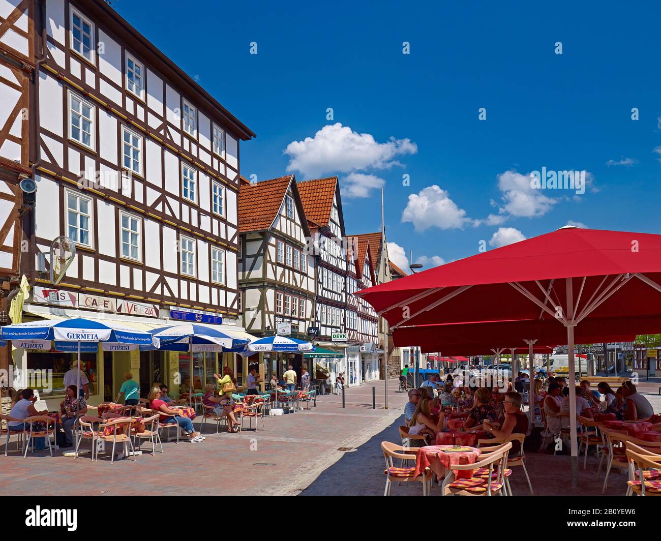 Obermarkt with street cafes in Eschwege, Werra-Meißner district, Hesse, Germany, Stock Photo