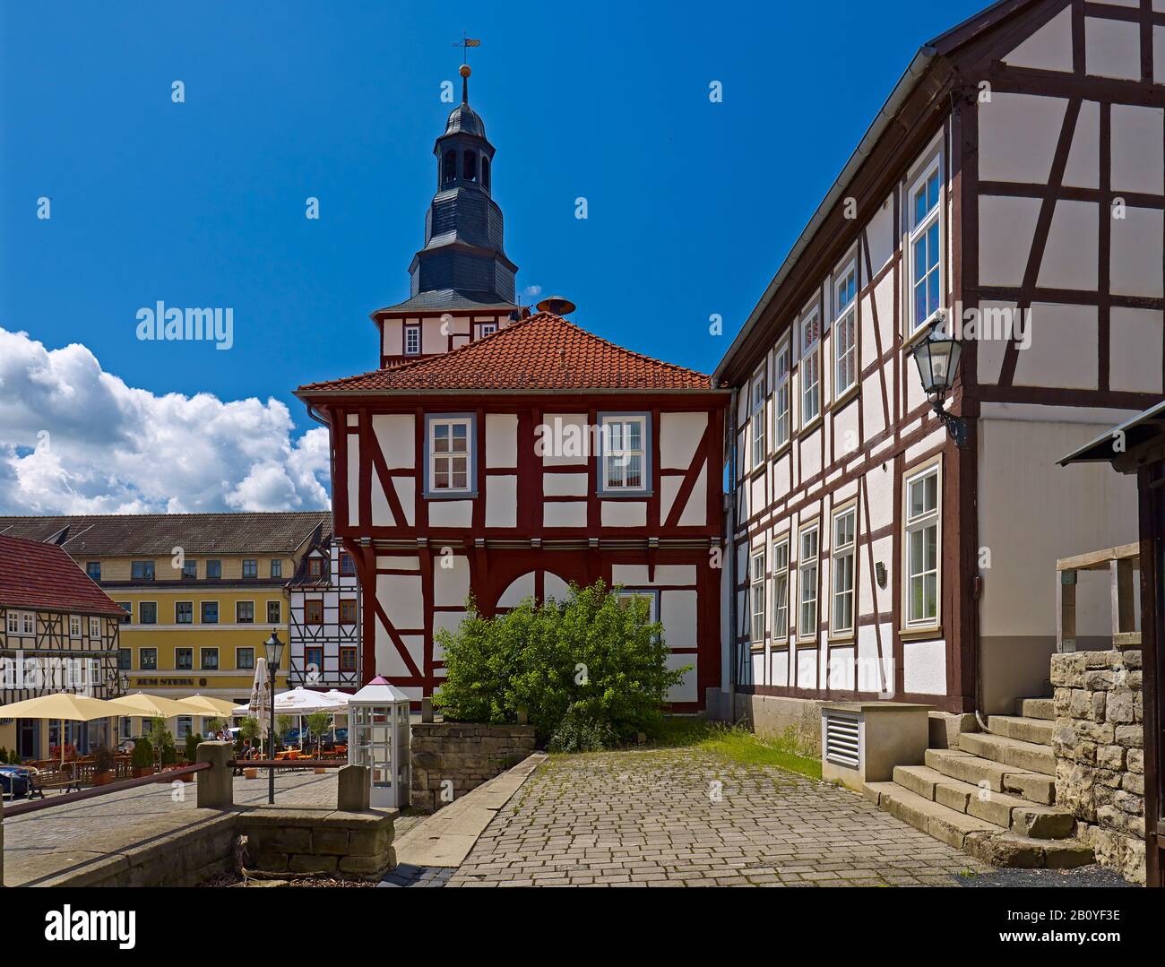 At the market with town hall in the half-timbered town Treffurt, Werratal, Wartburgkreis, Thuringia, Germany, Stock Photo
