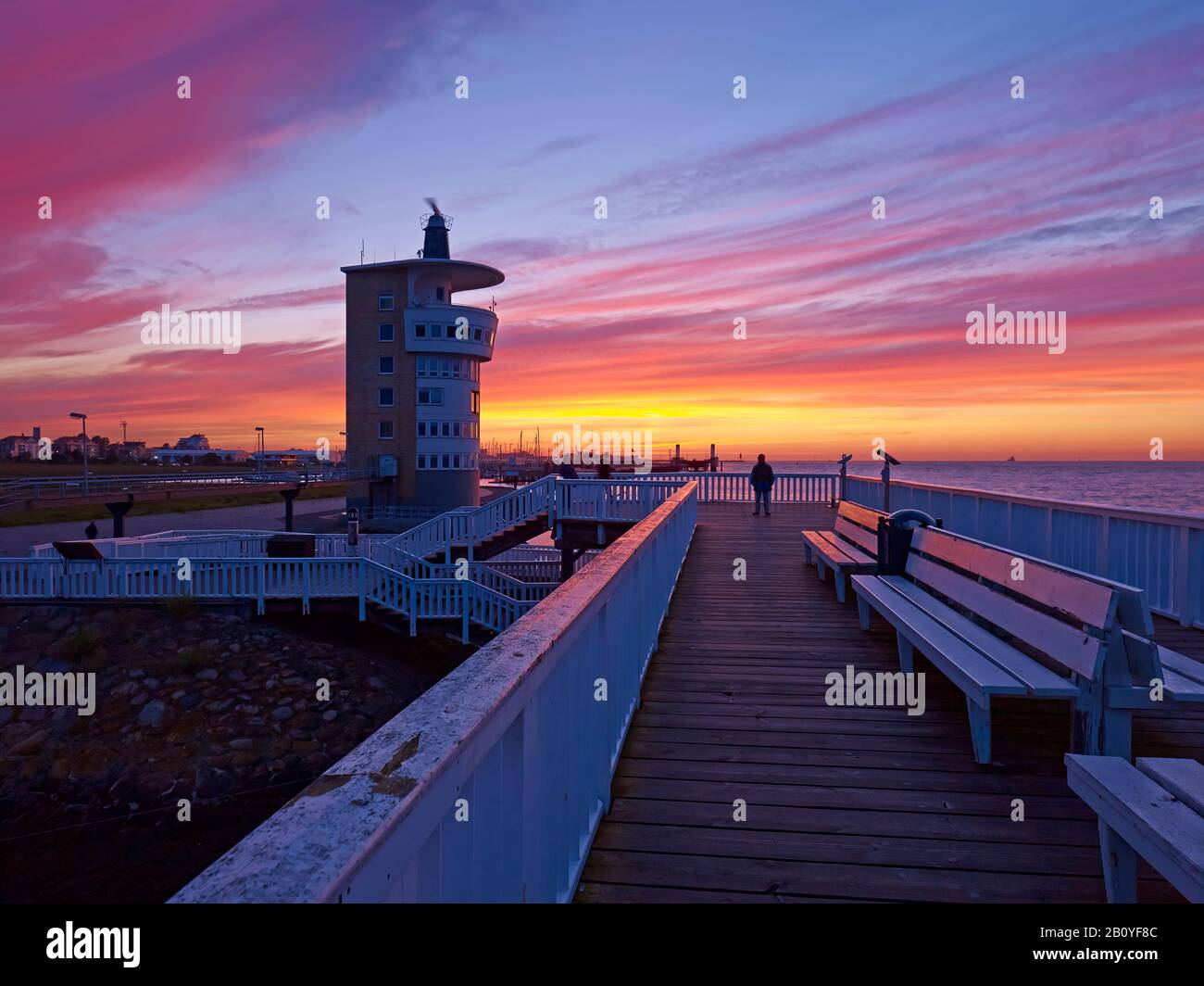 Landungsbrücke at the Alte Liebe in Cuxhaven with Lotsenturm, Lower Saxony, Germany, Stock Photo
