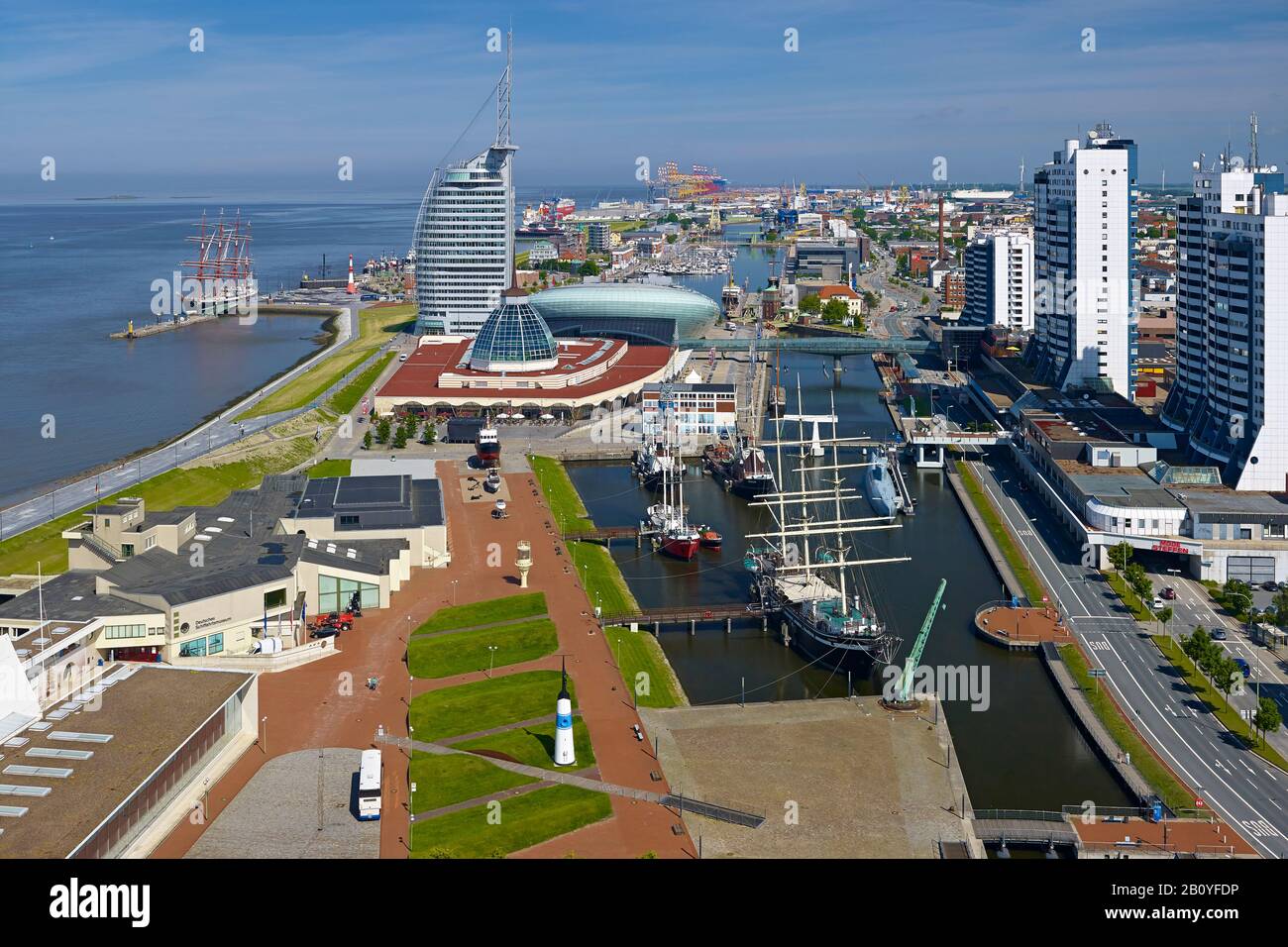 City view over Museumshafen, Atlantic-Sail-City-Hotel, Klimahaus, Columbus Center, Bremerhaven, Bremen, Germany, Stock Photo