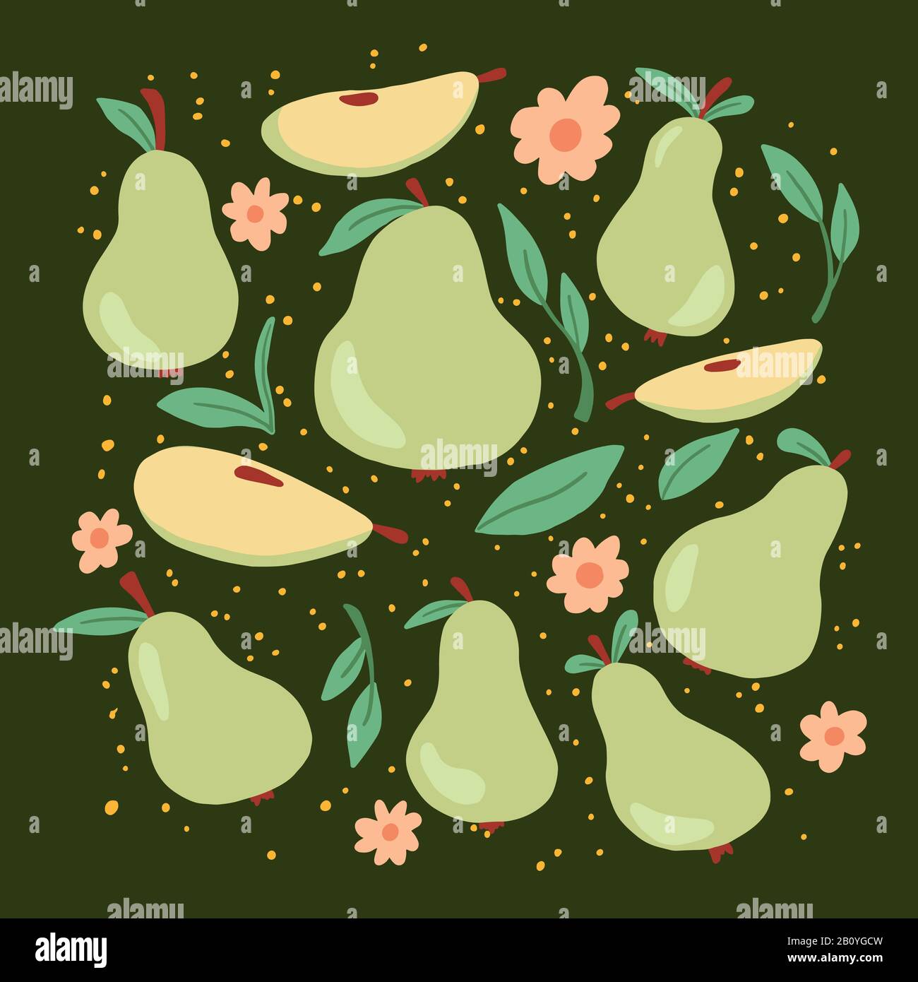 Set of green pear and sliced half pear with leaf and flowers. Cartoon hand drawn style. Isolated pear for fresh fruit, organic food, natural eat background, pattern design. Vector illustration. Stock Vector