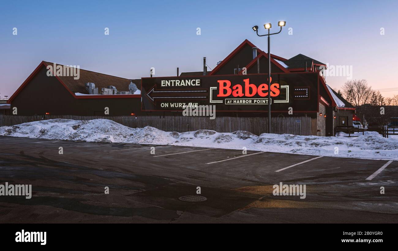 Utica, New York Feb 21, 2020 Night View of Bab'es Restaurant, an American Family Eatery