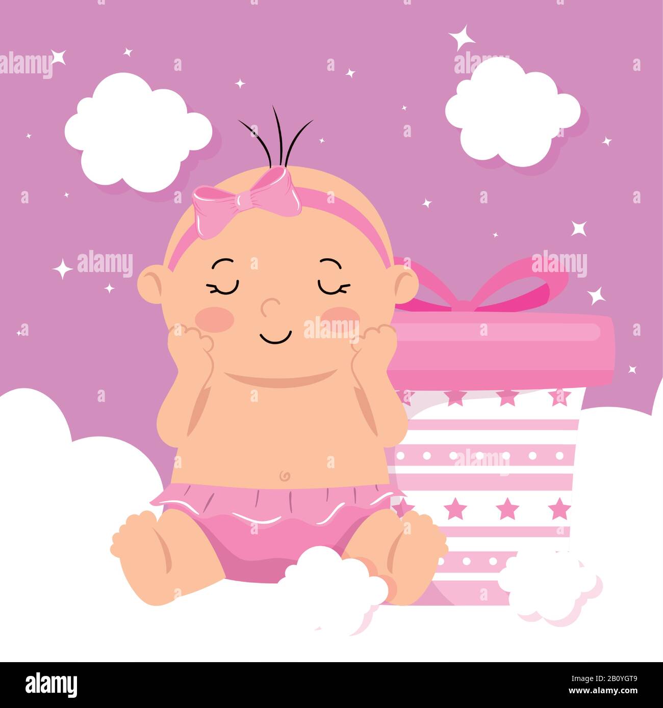 cute baby girl with gift box and clouds decoration Stock Vector Image ...